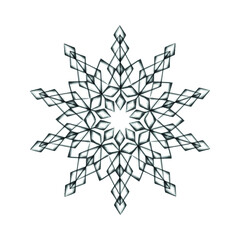 Vector illustration. One snowflake pattern on a white background. Symmetrical snowflake drawn by hand. Postcard printing, drawings for wrapping paper for Christmas.