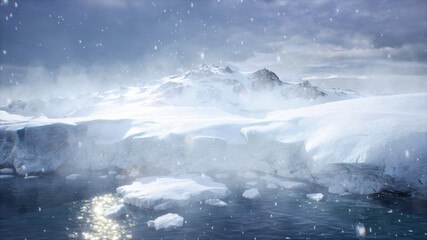 Fototapeta na wymiar Huge high glaciers in winter natural conditions, the sea in ice, snow and blizzards. Arctic winter snowy landscape. 3D Rendering