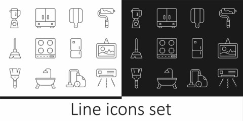 Set line Air conditioner, Picture, Cutting board, Gas stove, Handle broom, Blender, Refrigerator and Wardrobe icon. Vector
