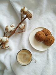 Fototapeta na wymiar a cup of coffee with milk, a plate of cookies and a branch of cotton on a white canvas