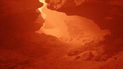 The surface of the red planet Mars during a dusty sandstorm. Mars colonization and space travel concept. The image is designed for futuristic, sci-fi or space travel. 3D rendering © designprojects