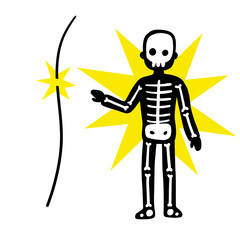 Electric shock. Skeleton touch electric wire with current. Danger and high voltage incident. Caution sign. Danger silhouette of man. Flat illustration
