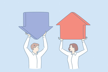 Progress and regress in business concept. Young sad businessman and happy business woman standing holding arrows up and down meaning development and failure 