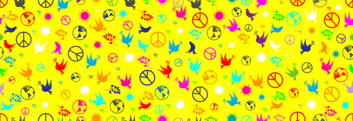 Day of peace, dove, sun, olive branch and earth. International day of peace, seamless pattern on a bright yellow background. 