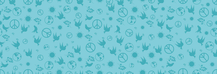 Day of peace, dove, sun, olive branch and earth. International day of peace, seamless pattern. 