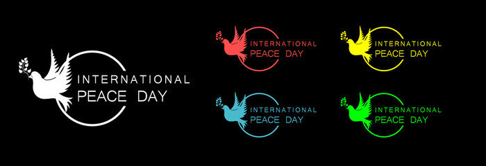 International peace day icon in different colors on a black background.  