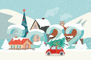 New Year 2022. Cityscape with large numbers. Red retro car with a Christmas tree on the roof. Greeting card design. Retro effect