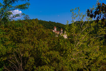 KUTAISI, GEORGIA: Old Orthodox Motsameta Monastery or Saints David and Constantine Monastery on a sunny summer day.