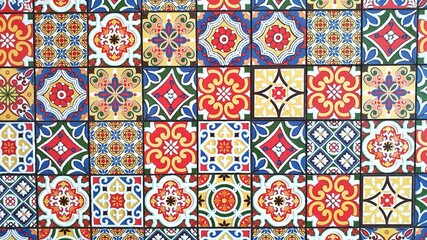 typical colorful traditional sicilian bright floor and wall tiles with different patterns and designs - obrazy, fototapety, plakaty