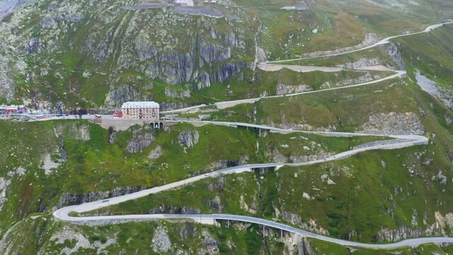 Switzerland, aerial view of Furka pass - high mountain pass in the Swiss Alps connecting Gletsch, Valais with Realp, Uri.