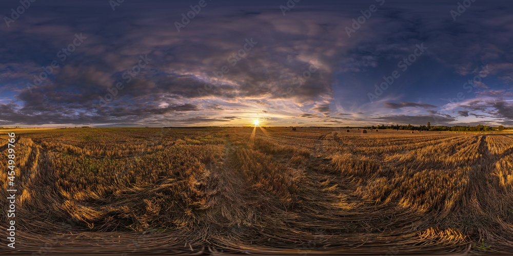 Wall mural spherical evening hdri panorama 360 view among farming fields with sunset clouds in equirectangular 