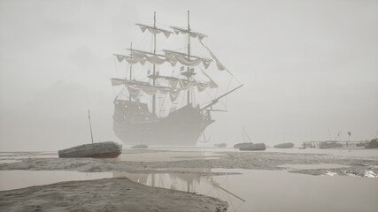 A medieval ship docked near a misty shore. The concept of maritime adventure in the Middle Ages. The image is ideal for historical, educational, pirate and adventure backgrounds. 3D rendering © designprojects
