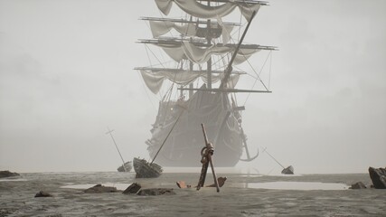 A medieval ship docked near a misty shore. The concept of maritime adventure in the Middle Ages. The image is ideal for historical, educational, pirate and adventure backgrounds. 3D rendering © designprojects
