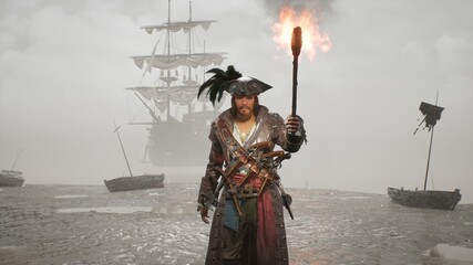 Naklejka premium A pirate walks with a torch on a misty deserted island. The man was created using 3D computer graphics. 3D rendering. The concept of maritime adventure. The image is ideal for pirate backgrounds.