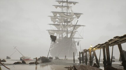 A medieval ship docked near a misty shore. The concept of maritime adventure in the Middle Ages. The image is ideal for historical, educational, pirate and adventure backgrounds. 3D rendering © designprojects