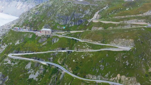 Switzerland, aerial view of Furka pass - high mountain pass in the Swiss Alps connecting Gletsch, Valais with Realp, Uri.