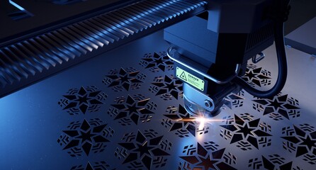 Laser cutter close up, cutting geometric patterns in a metal sheet. 
