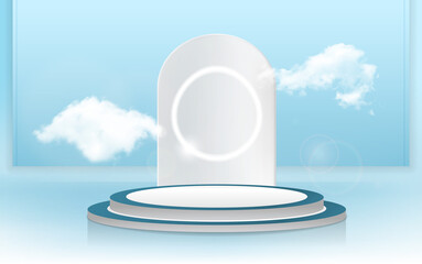 Abstract geometric transparent dome on blue sky background. Stage template for awards on website in modern style. Flat cartoon vector illustration