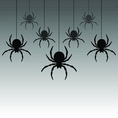 Black spiders hanging on a web.  Vector illustration.