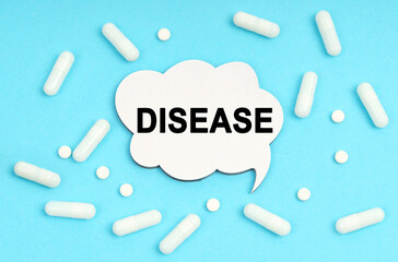 On a blue background pills and a plate. Inside the sign it says - DISEASE