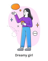 Young female character dreaming on white background. Concept of smiling thoughtful young men and women working and relaxing at home. Dreamy people with thought bubble. Flat cartoon vector illustration