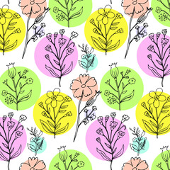 Seamless floral pattern with different branches with flowers and leaves on colorful circles isolated on white background. Black line elements. Modern and trend ornament. Vector illustration.