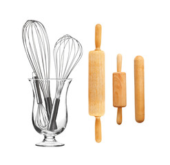 Group of kitchen utensils for bakery on white background