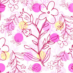 Hand drawn seamless pattern with abstract line flowers in pink colors isolated on white background. Vector illustration for packaging, wallpaper, scrapbooking, cards.