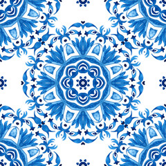 Abstract blue and white hand drawn tile seamless mandala damask ornamental watercolor paint pattern.