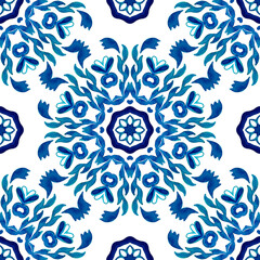 Abstract blue and white hand drawn tile seamless abstract textured damask ornamental watercolor paint pattern.