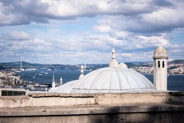 Fototapeta na wymiar Istanbul view from Suleymaniye Mosque. The historical Süleymaniye mosque complex. Historical architectural structures of the Ottoman Empire. Places to visit in Istanbul. Selective focus.