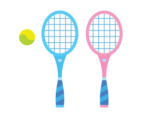 Pink and blue tennis racket and ball isolated flat vector icon