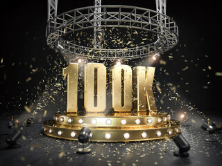 Fototapeta na wymiar 100k followers celebration. Number 100k on the stage with spotlight and confetti.