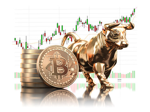 Bitcoin coin with bull and stock chart isolated on white. Bullish market of BTC.