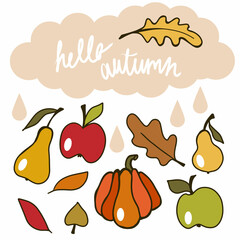 Fall season doodle set of cute cartoon Cute cozy colorful fruits and leaves