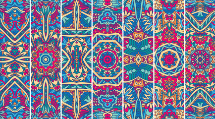 Ethnic geometric pattern set with bright color psychedelic print.