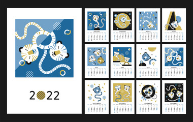2022 calendar design. Chinese New Year of the Tiger. Week starts on Sunday. Concept with illustrations of asian holidays. Editable vector template of calender 2022 with blue, gold, black colors. 