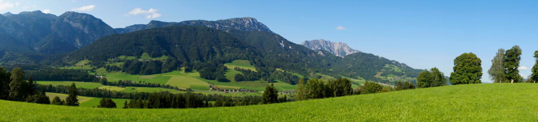 Fototapeta na wymiar a scenic view of a little village and the green meadows in the Austrian Alps of the Schladming-Dachstein region (Austria)