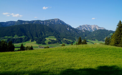 Fototapeta na wymiar beautiful alpine landscape of a lush green alpine valley with vast alpine meadows and the Austrian Alps in the background in the Schladming-Dachstein region (Austria, Styria or Steiermark)
