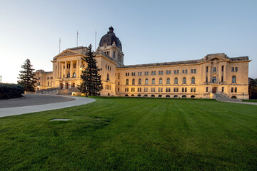 The Saskatchewan Legislative Building in Regina, Saskatchewan, Canada at sunrise.