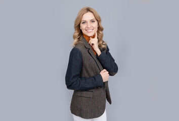 girl in british jacket. british fashion style. smiling businesswoman in english clothes