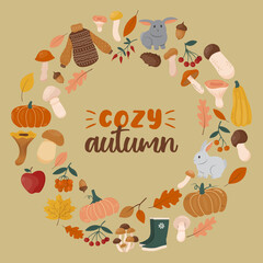 Round autumn frame with pumpkins, mushrooms, leaves, berries and other decorative fall elements. Vector background for text in hand drawn flat style.