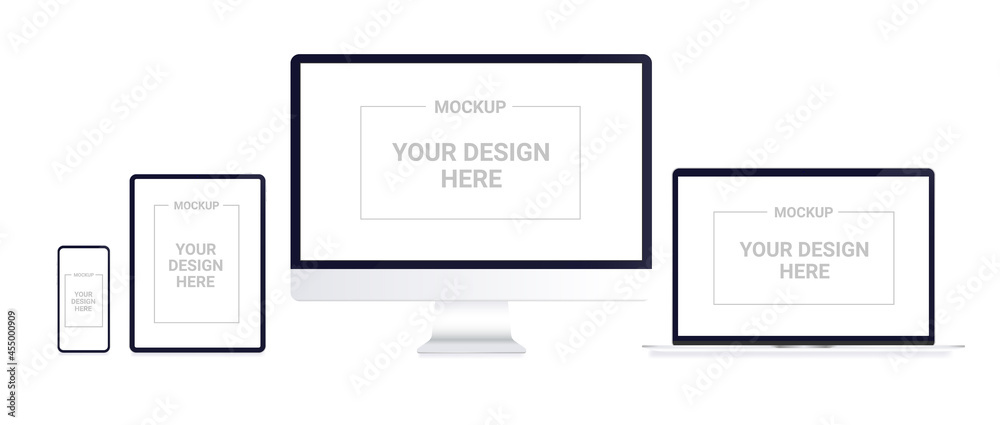 Aufkleber realistic vector set of computer, laptop, desktop, tablet and smartphone with blank screen and white