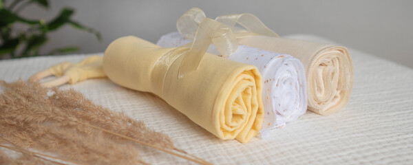 Banner baby set of yellow cloth diaper with wooden toy and pampas grass. Gender neutral newborn...