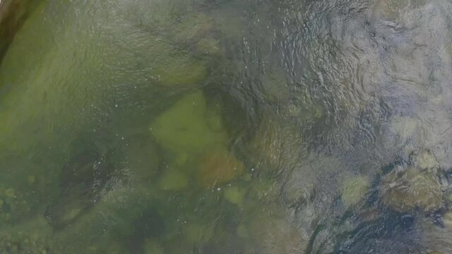 Top down view of a shallow stream with clear water and many pebbles and parts of a riverbed full of pebbels and boulders