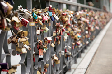 The Eiserner Steg, a bridge covered in love locks in Frankfurt, Germany.