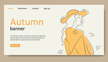 Hello autumn vector illustration. Decorative autumn greeting card with character, falling leaves and woman in coat. Fall season. Applicable for web banner, poster. Eps 10