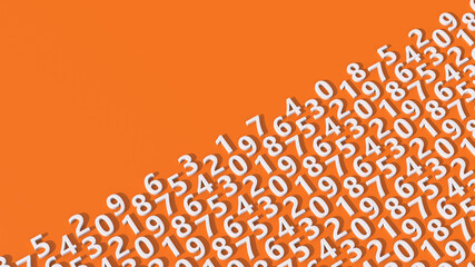 White numbers pattern, orange background. Abstract illustration, 3d render.
