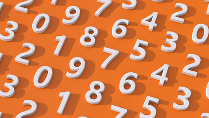 Group of white numbers. Orange background. Abstract illustration, 3d render.