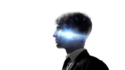 Creativity and intelligence, concept. A man and space with a galaxy